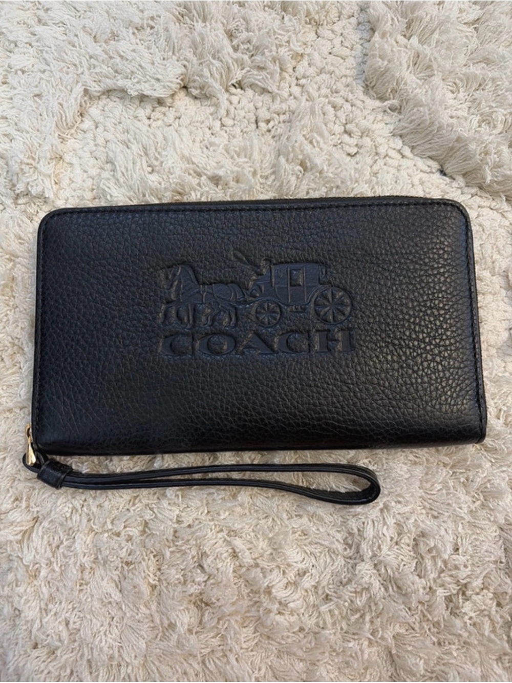 Coach Black Pebbled Leather Zip Wristlet Wallet with Embossed Carriage